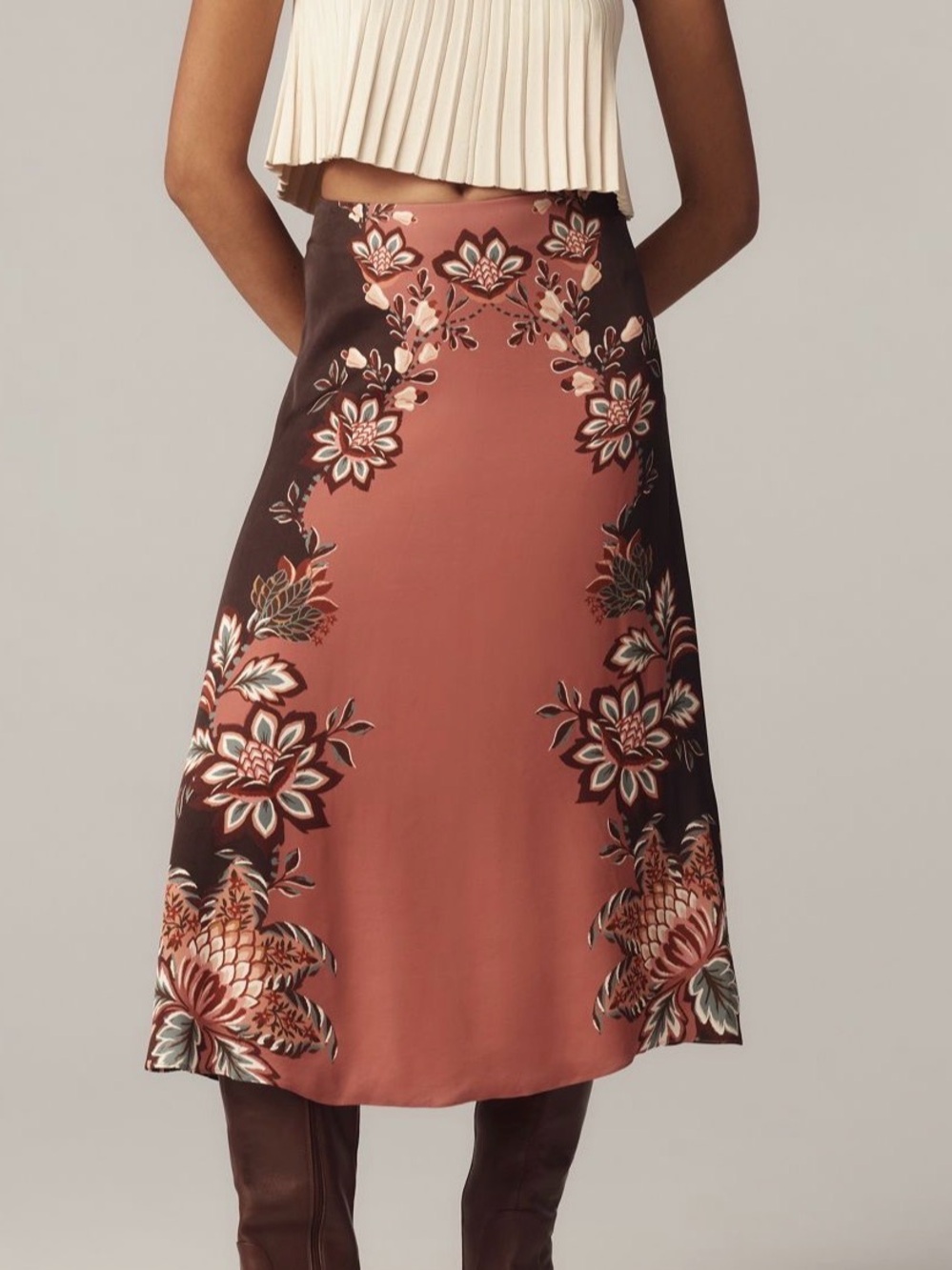 FARM Rio Rose-Brown Floral Satin A-Line Midi Skirt